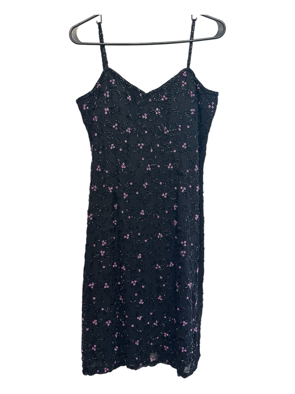 Vintage Y2K Paradise Black 100% Silk Midi Dress with Pink Floral Beading Medium